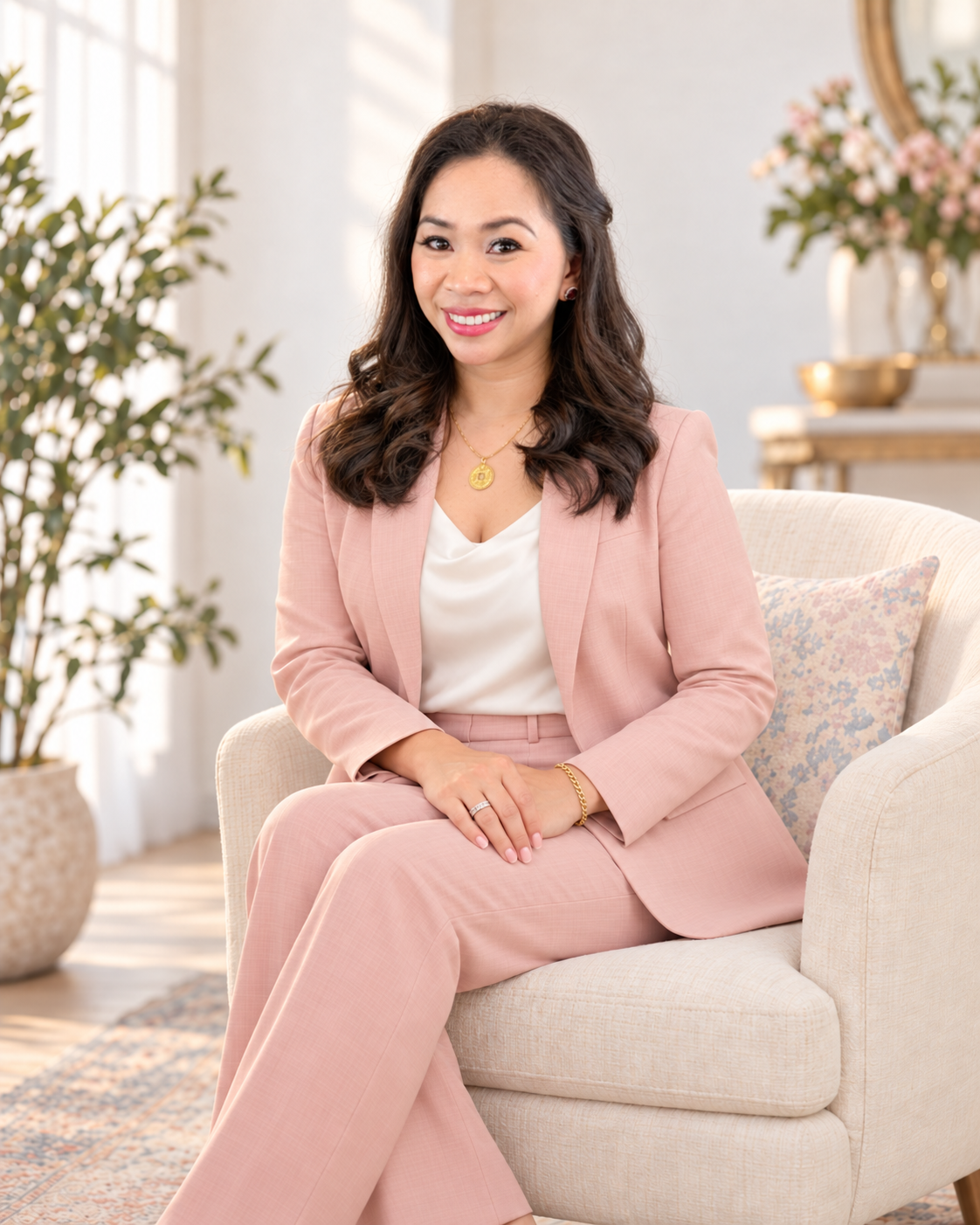 Cherry Lim seated in a cream chair, wearing a blush suit and ivory blouse