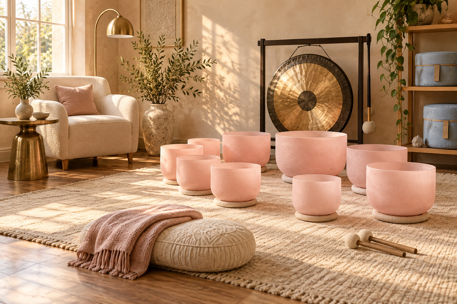 Studio concept with pink singing bowls, cream furnishings, a standing gong, and warm gold accents